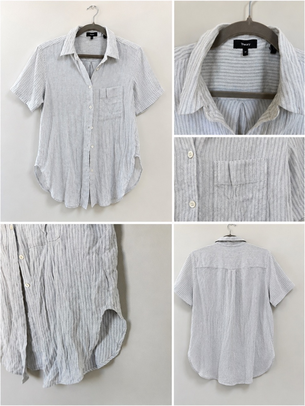 Theory Striped Linen Blend Short Sleeve Button Down Shirt Size M